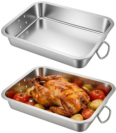 CHIHEUNG 2PCS Large Baking Tray, Stainless Steel Roasting Pan with Handle, 40cm Extra Large Oven Baking Tray for Large Meats, Vegetables