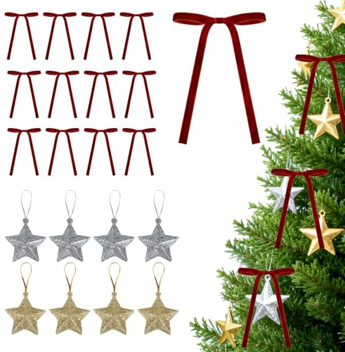 24 PCS Weinrot 13x18cm Weihnachtsdeko Schleifen Bögen für Weihnachten Baum Deko & 12 PCS Sternanhänger Weihnachten Dekoration Geschenkschleife Weihnachtsschleifen für Weihnachtskranz Geschenke