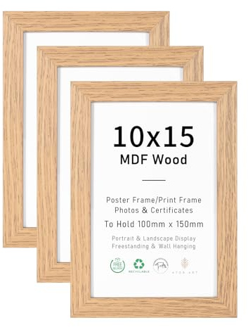 ATOBART Cadre photo en bois MDF naturel 10 x 15, cadre 4 x 6 pouces avec verre acrylique pour présentation sur table et suspension, lot de 3