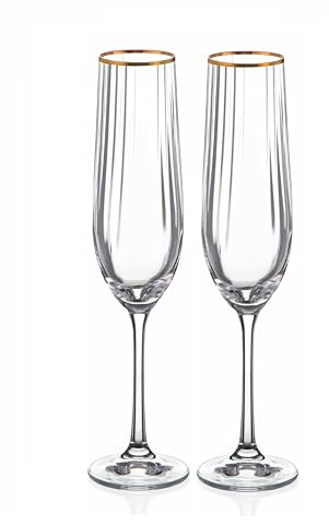 DIAMANTE Crystal Champagne Flute Glasses, Mirage Gold with Gold Rim, Optical Wave Pattern Effect, 190ml, Set of 2