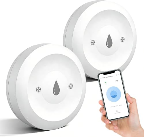 2 Pezzi WIFI Sensore Acqua, 50X50X15mm Rilevatore di Acqua Intelligente, Rilevatore d'Acqua WiFi Ultrasottili, Rilevatori di Acqua WIfIi Sensore Intelligente per Cucina, Bagno, Seminterrato
