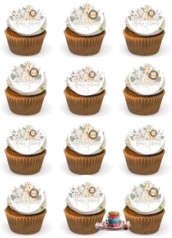 Edible Baby Shower Cupcake Toppers Jungle Safari Animals – Cute Lion Giraffe Elephant Monkey Zebra – Cake Decorations for Baby Shower, Gender Reveal 24 Precut Wafer Card