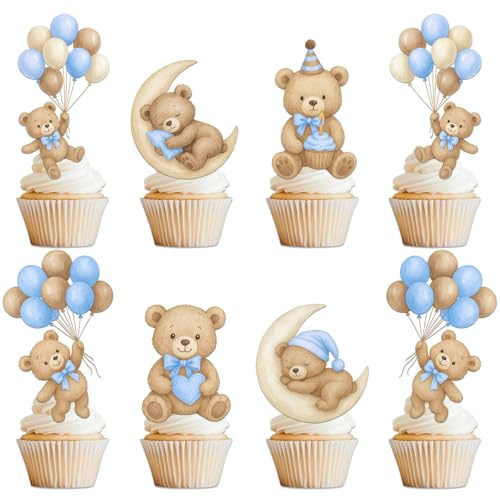 Zosutetoxo Cupcake topper-set, 36 st blå björntårtdekoration, baby shower pojke muffinsdekoration, nallebjörn med ballong måne hjärta för kön avslöjar 1:a födelsedagsdop