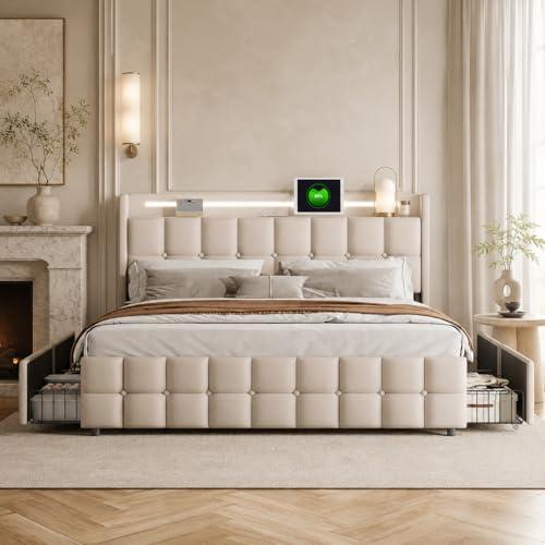 KRYZOR Polsterbett Doppelbett 160x200 cm mit LED-Beleuchtung und USB-Anschluss, Stauraumbett Bettgestell mit 4 Schubladen und Lattenrost, Jugendbett Funktionsbett, Leinen (Beige-H, 160x200cm)
