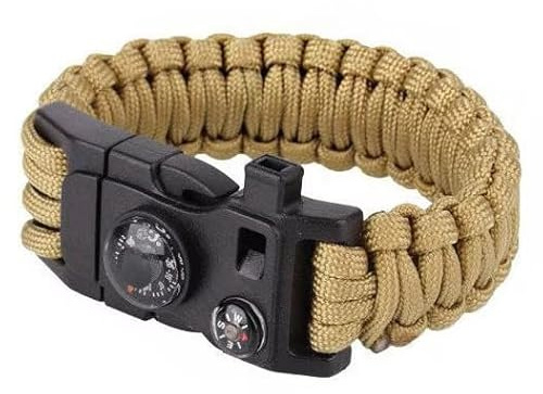 Genérico Pulsera de Supervivencia Paracord 5 en 1 con Brújula, Silbato, Pedernal y Multiherramienta, Color Coyote, Cuerda de Poliéster Trenzado