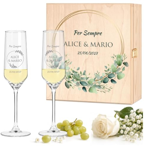 Maverton Calici Champagne in Scatola di Legno Personalizzata | Calici Vino Bianco o Prosecco con Incisione Regalo Sposi, Bicchieri Regalo Anniversario Matrimonio per Coppia