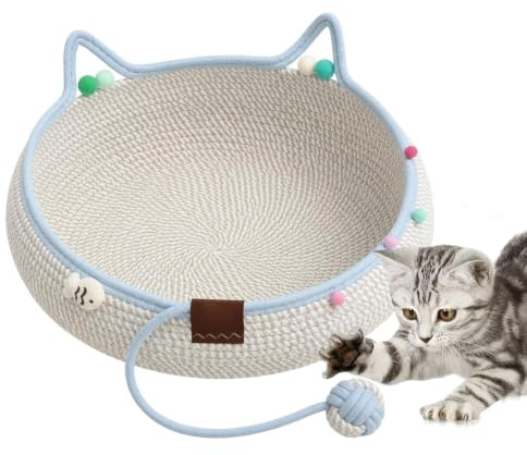 Kattkorg Bomullsrep Klösbart Husdjursbo Med En Repboll | Rund kattbo För Avkoppling, Lek Och Sömn Inomhus I Sovrum, Soffa, Fönster Och Trädgård - Passar
