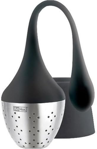 AdHoc Hangtea Tea Infuser, Loose Leaf Tea Filter,Tea Strainer with Drip-Collector Stand, Easy Refill, Stainless Steel/Silicone, (H) 115 mm x (D) 40 mm, Black