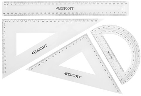 Westcott Geometrieset 4-telig | Matheset mit 30cm Lineal, Geometriedreiecke 45° und 60°, Winkelmesser 180° | Transparenter Kunststoff | Ideal für Schule, Studium und Büro | E-10304 00