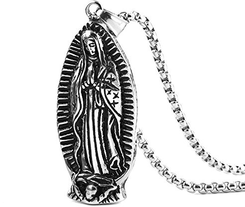 HZMAN Stainless Steel Blessed Mother Mary - Our Lady of Guadalupe Pendant Necklace (Silver)