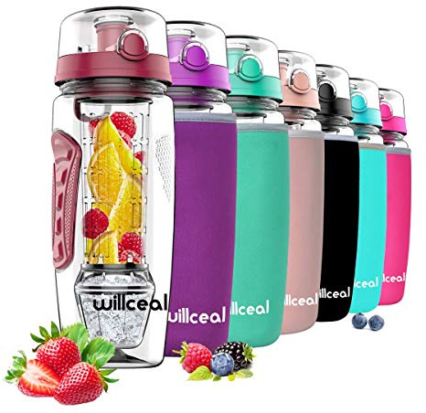 willceal Fruit Infuser Water Bottle 32oz Durable with Detachable Ice Gel Ball,Large - BPA Free Tritan, Flip Lid, Leak Proof Design - Sports, Camping (Deep Red)