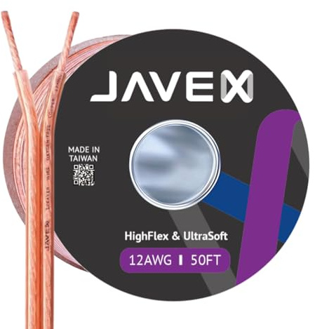 JAVEX Speaker Wire 12-Gauge [3.38mm2][0.16mm Strands Oxygen-Free Copper 99.9%] Stranded Copper, Flat Cable, Cable for Hi-Fi Systems, Amplifiers, AV receivers and Car Audio Systems, 50FT [15.25M]