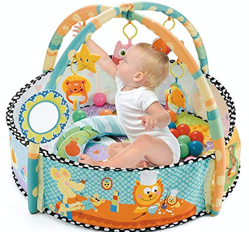 MEERO LONDON CH96261A NewBorn Pool Play mat, 4 in 1 Activity Gym, Ball Pit with 30 Play Balls, Soft Toy, Fun Animals, Tummy Time Pillow, Textures,Rattle,Teethers, Discovery Carpet for Infants-Unisex