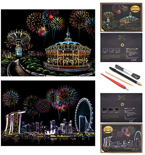 SiYear Scratch Paper Regenbogen Malerei Skizze, City Series Night Scene, Scratch Painting kreative Geschenk, Scratchboard Kunst für Erwachsene und Kinder, mit 4 Tools (Vergnügungspark + Singapur)