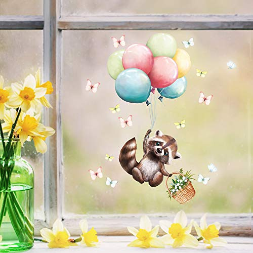 Wandtattoo Loft Fensterbilder Frühling Waschbär mit Ballons Motiv – A2 Bogen, Wiederverwendbar – Frühlingsdeko Fenster, Frühlingsbild Fenster, Fensterdeko Frühling, Fensterfolie Frühling Selbstklebend