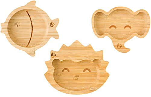 bamboo bamboo ® Assiette bébé – Assiette enfant et Bambou pour Bébés | Non-toxique | Frais au toucher | Idéale pour Sevrage dirigé par Bébé (Poisson, Hérisson, Éléphant)