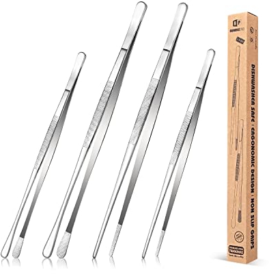 4 Stück feine Pinzettenzangen, 12'' und 10'' Edelstahl Pinzetten Set, Professionelle Silberne Küchenpinzette zum Kochen, Reparieren, Meeresfrüchte und Grillen