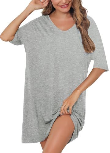 Irdcomps Camicia da Notte Donna Cotone Camicie Notte Pigiama a Maniche Corte Sciolto Modale Estivi Vestito Scollo a V Indumenti Allentata Abito Sciolto Taglie Forti | Camicia da notte per l'estate, taglie forti