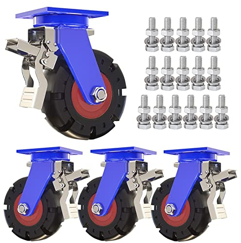 ESOYAWE Strapazierfähige Lenkrollen 4 Stück Ø 150mm 200mm 250mm 300mm Vollgummi Schwerlastrollen, Industrie Transportrollen Mit Bremse, for Trolleys Mechanisch Werkbank, Tragfähigkeit:900KG