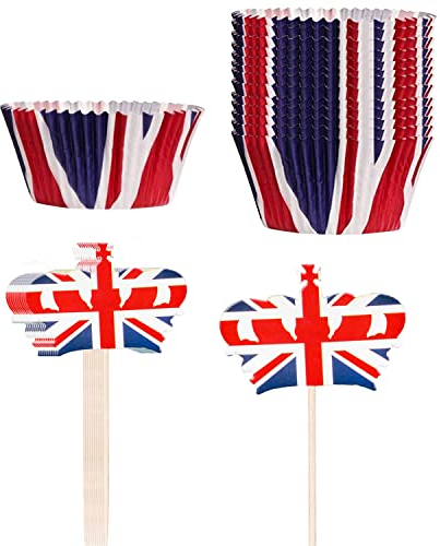 WedDecor Union Jack Flag Cupcake Toppers King Charles III Coronation Cake Toppers Cocktail Sticks & Cupcake Cases Serviettes, Party Supplies, 100pcs Set