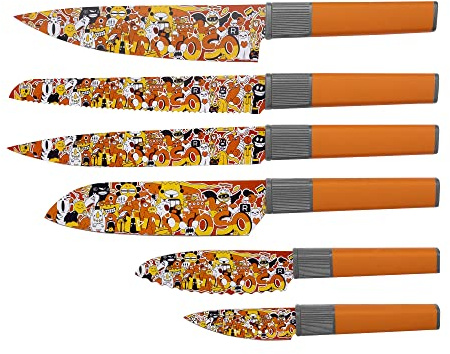 linoroso Ensemble de Couteaux de Cuisine, 6 Pièces - Ensemble de Couteaux Colorés avec Motif Exclusif, Couteaux de Chef en Acier Inoxydable à Haute Teneur en Carbone avec Boîte Cadeau - Série Saklei