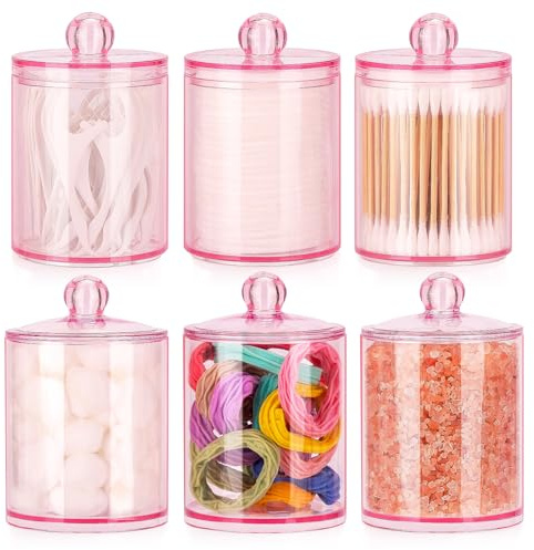 Tbestmax 6 Pack Qtip Holder - 12 oz, 10 oz Bathroom Organizer and Storage Containers, Plastic Apothecary Jars with Lids for Cotton Ball, Cotton Swab, Floss, Pink