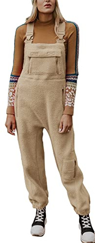 Ebifin Dam hängselbyxor fleece varma overaller vinter lös casual jumpsuits med fickor., kaki, S