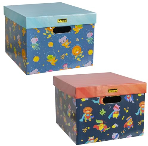 Idena 50068 - Coffre à Jouets en Carton, 2 pièces d'env. 33 x 25 x 35 cm chacune, boîte de Rangement avec Couvercle et poignées, Motifs d'animaux avec Super héros et astronautes