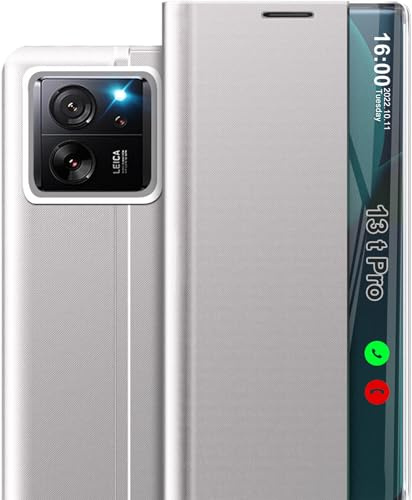 Qissy Hülle für Xiaomi 13T Pro handyHülle Klappbar, Flip Leder Hard PC Stoßfest Case Dünn Spiegel 13T Pro 5G Hülle mit Ständer Klapphülle, Clear View Cover für Xiaomi 13T Pro Hülle (Grau)