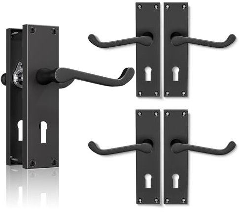Bwintech 3 Sets Matt Black Victorian Lever on Plate, Latch Furniture, Backplate Door Handles, with Keyhole, Suitable for Wooden Doors