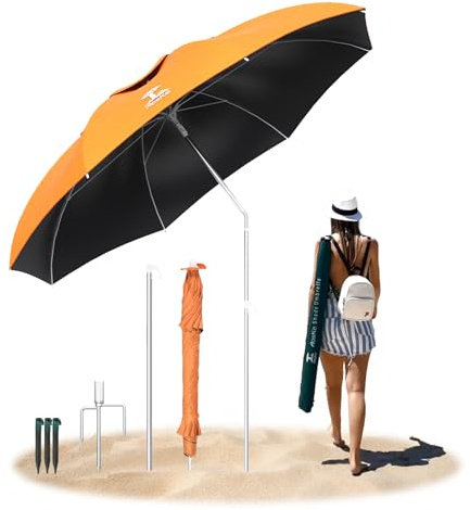 AosKe Parasol de plage de 2,1 m, parasol portable pour le sable, avec ancre et sac de transport, protection UV UPF50+, abri solaire inclinable pour plage, terrasse, arrière-cour – Orange