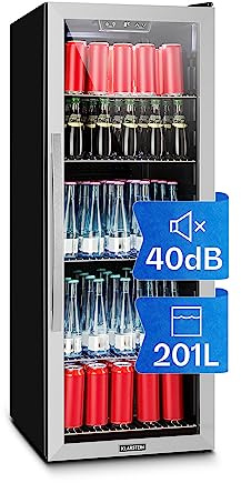Klarstein Beersafe Getränkekühlschrank 171 L – Kühlschrank mit Glastür, Silber | LED-Beleuchtung, herausnehmbare Metallablagen, leise, Flaschenkühlschrank für Getränke & Dosen
