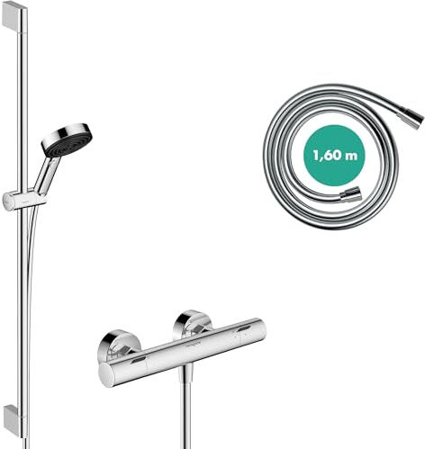 hansgrohe Pulsify Select S - wassersparendes Duschset mit Thermostat Ecostat Fine, Duschthermostat mit Duschkopf 8,2 l/min (EcoSmart), Duschstange 90cm, Schlauch, Duschkopfhalterung, Chrom, 24261000