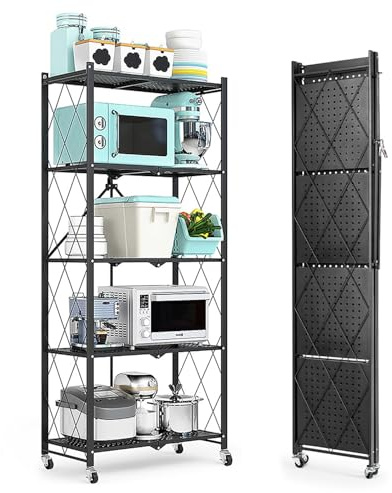 HomeMiYN Klappbares Regal mit Rollen 5 Etagen, Standregal, Klappbares Metallregal Schwarz 71x34x159cm, Standregal für Küche Wohnzimmer Büro, Frühjahrsangebot Frühjahrsreinigung Platzsparer