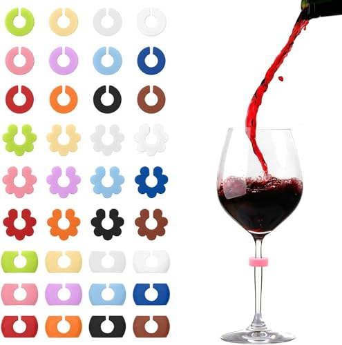 Pretwad 36Pcs Wine Glass Charms Tags,Glasmarkierer Glasmarker Silikon,Wiederverwendbarer Glasmarkierung, Partyempfang Glasmarker Weinzubehör Mark, für Trinkglas Weinglas Champagnerglas Martini-Glas