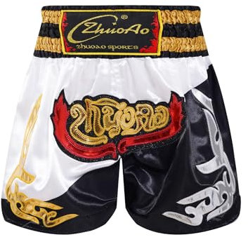 Miaeowve Kinder Junge Muay Thai Short Fighter Thaishorts Thaiboxen Hose Kickboxen Kurz Leggings Kickboxing Sportbekleidung Fitness Weiß schwarz 146-152