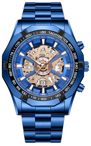JewelryWe Men's Skeleton Quartz Watch: Blue Simulated Mechanica Luminous Hands Analog Stainless Steel Waterproof Tachymeter Bezel Date Function Wristwatch