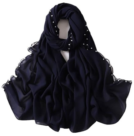 KETAFOUND Schlichter Chiffon-Schal Für Damen – Leichte, Modische Perlenschals, Solide Lange Halstücher, Atmungsaktives Sommer-Reisehalstuch, Dunkelblau, 175 X 70 Cm