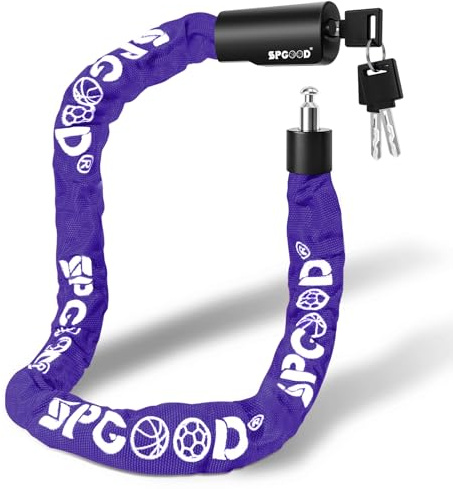 SPGOOD Candado para bicicleta con 3 llaves, 90 cm de cadena de acero de 6 mm, candado para bicicleta con cubierta impermeable, candado antirrobo de alta seguridad para bici (Violeta)
