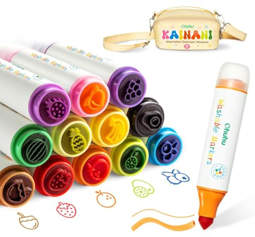 Ohuhu Feutres Lavables pour Enfants, 12 Couleurs Vives avec Tampons | Encre à l'Eau Non Toxique | Design Ergonomique pour Petits et Enfants 3+ | Fournitures Artistiques, Coloriage et Dessin
