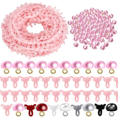 Tanstic 50 Stück 10mm Pink Pearl Knöpfe mit Schaft Halb Pearl Knöpfe Pilz Domed Runde Schaltfläche mit elastischer Knopf Schleife für Nähen Kleid Shirts Handwerk