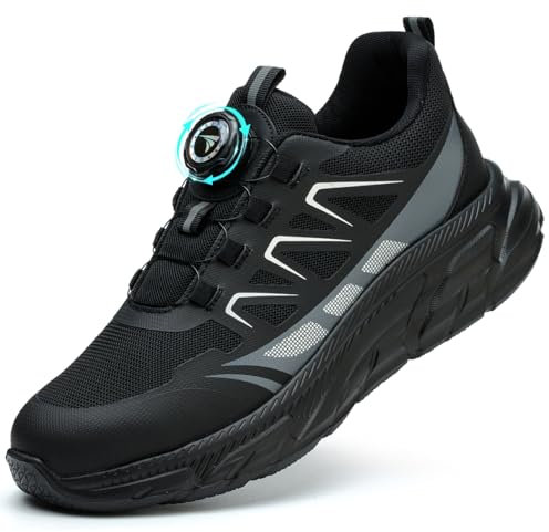 RASEARY Sicherheitsschuhe Arbeitsschuhe Herren Damen Bequem Stahlkappenschuhe Leicht Atmungsaktiv Industrielle Arbeitsschuhe mit Drehschnallen Schnürsenkeln,Schwarz EU 43