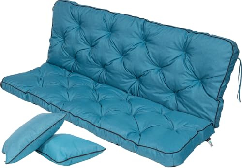 TexDeko® Ecolen Bankauflage mit Rückenlehne Outdoor 180x50x56cm Aqua | Gartenschaukelkissen für Gartenbank mit Leinenoptik, wasserabweisend, UV-beständig, Polsterauflage mit Paspelrand