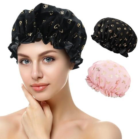 Gorro Ducha Mujer, Gorros de Ducha Impermeables, Shower Cap Reutilizables con Banda Elástica, Gorro de Ducha para Salón, Spa, Viajes, Hotel, Cocina (D)