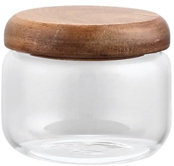 ASTRQLE Contenitore per alimenti in vetro da 300 ml con coperchi in legno, piccolo barattolo per caffè, zucchero, contenitore ermetico per alimenti, contenitore per caffè per noci, spezie, caramelle,