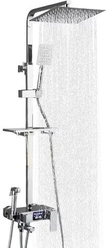 Sistema doccia con termostato, set doccia in acciaio inox, set completo con soffione doccia a pioggia da 34 cm, 4 tipi di getto, 85-125 cm regolabile in altezza, doccia a pioggia con rubinetto