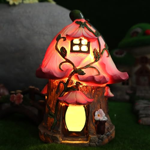 Fabixoin Solar Powered Fairy Houses, Garden Ornaments Outdoors, Fairy Mushrooms House With Solar-Powered Lights, Waterproof Resin Ornaments, Garden Decorations, Indoor Outdoor