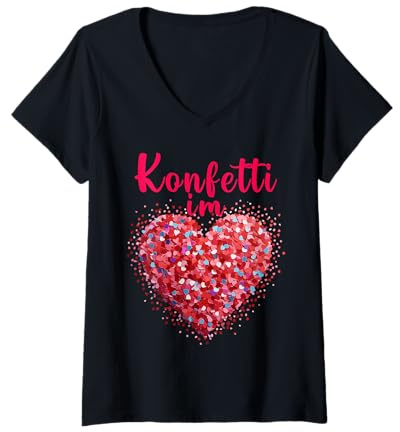Damen Konfetti im Herzen Karneval Fasching Konfetti Kostümersatz T-Shirt mit V-Ausschnitt