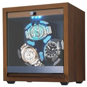 JuviPerpric Enrollador de relojes automáticos, 3 cajas giratorias automáticas con retroiluminación azul, almohadilla de espuma y 4 modos de rotación para mujer y hombre, Madera