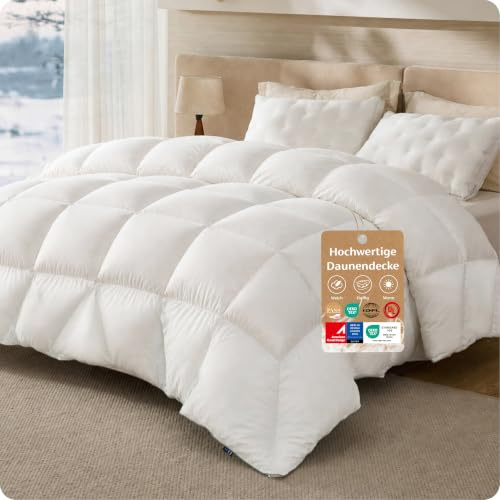 BEDSURE Duntäcke 200 x 200 cm täcke – varm vinterfilt, fjäderfilt, extra varmt och fluffigt – täcke vinter tvättbart och andas, 70 % fjädrar och 30 % dun, Ökotex-certifierad